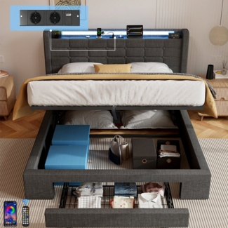 oyajia Polsterbett Stauraumbett Doppelbett mit LED Beleuchtung mit Ladefunktion (Type-C + USB, Hydraulisch hebbarer Stauraum), Funktionsbett Stauraumbetten Jugendbett Bettgestell Leises Design Bett
