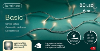 Lumineo LED-Lichterkette Lumineo Lichterkette BASIC 80 LED 6 m warm weiß, transparentes Kabel, Indoor/Outdoor, dimmbar, 8h-Timer, + 5 m Zuleitung