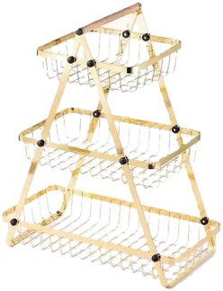3-stöckige Etagere mit Griff, Obstkorb in Gold - Tragbar & Platzsparend