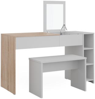Vicco Schminktisch Weiß/Sonoma 129.6 cm mit Hocker unf einklappbarem Spiegel, Kira