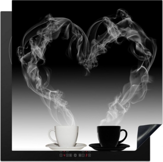 MuchoWow Herd-Abdeckplatte Kaffee - Herz - Wasserdampf - Schwarz - Weiß, Vinyl, (1 tlg), Abdeckplatte für Ceranfeld, Herd Inductionsmatte, 60x50 cm