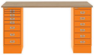 MultiDesk, 1 MultiDrawer mit 6 Schüben, 1 MultiDrawer mit 8 Schüben, Dekor natürliche Eiche, Farbe Orange, Maße: H 740 x B 1400 x T 600 mm