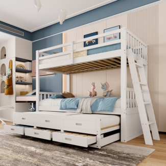 Merax Etagenbett 90x200cm, Kinderbett, Hausbett für Mädchen und Jungen, Bettgestell aus Kiefer und MDF mit Leiter undausziehbarem Bett und 3 Schubladen , weiß