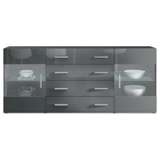 Sideboard Kommode Bari V2, Korpus in Schwarz matt / Front in Grau Hochglanz (166 x 72 x 35)