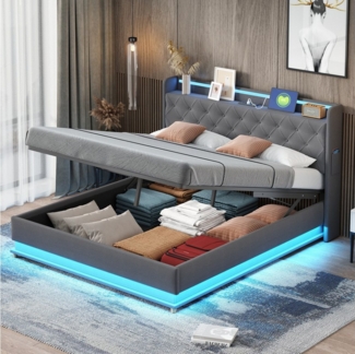 HAUSS SPOLE Polsterbett 160x200 cm mit USB-Anschluss und LED-Beleuchtung, Leinen, Grau (Hautfreundlicher Leinenstoff 160*200 cm), ohne Matratze