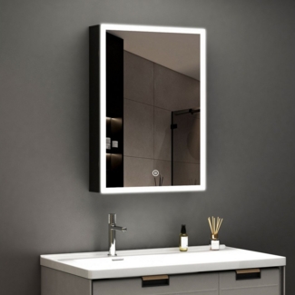 WDWRITTI Spiegelschrank mit beleuchtung 3Lichtmodi Dimmbar Badezimmerspiegelschrank LED 50x70 (LED Wandschrank Hängeschrank Schwarz 1 türig, Speicherfunktion, Doppelseitiger Spiegel) Soft-Close-Funktion, IP44, mit Netzstecker