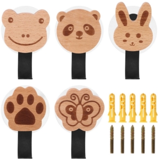 BlingBin Kleiderhaken Holz Kleiderhaken Wandhaken in Tiere-Form Garderobenhaken Haken, Badezimmer, Türen, Wand, (5 Stück Kinder Kleiderhaken, 5-St, Ohne Bohren oder Zum Bohren), Kleiderhaken mit Buche, Ideal für Mäntel, Hüte und Taschen