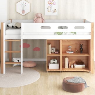 Merax Etagenbett mit Stauraum und beweglichem Schrank, Hochbett mit dreistufiger rechtwinkliger Treppe, Bettrahmen aus Massivholz, mit Absturzsicherung, Kiefer+MDF, Natur+Weiß, 90x200 cm