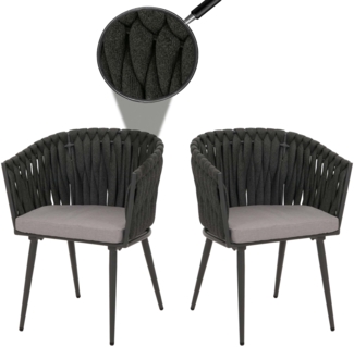 2er-Set Aluminium-Esszimmerstuhl HWC-N38, Indoor Stuhl Armlehne, Olefin Seilgeflecht Rope ~ anthrazit Kissen hellgrau