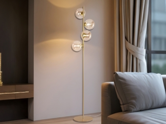 Ausgefallene LED Stehlampe mehrflammig Gold - Glaskugeln Bernstein Höhe 160cm