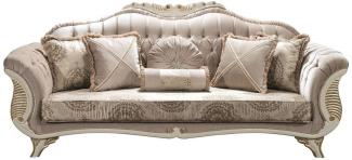 Casa Padrino Luxus Barock Wohnzimmer Sofa mit Glitzersteinen und dekorativen Kissen Grau / Creme / Gold 220 x 80 x H. 100 cm - Edle Barockstil Möbel