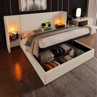 Ulife Polsterbett Doppelbett Stauraumbett Hydraulisches Funktionsbett mit Nachttisch (Ohne Matratze), Leselampe und USB Type-C Ladefunktion, 180x200cm