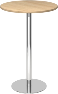 bümö Stehtisch Büro, Bistrotisch rund 80 x 80 cm - Bartisch Eiche, Stehtisch Holz-Platte, Säule aus Metall verchromt, Buffettisch, Säulentisch, Partytisch, Thekentisch, Hochtisch, Barmöbel, STH08-E-C