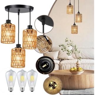Jibenhome Pendelleuchte Boho Rattan Hängeleuchte 1/3-flammige, Deckenleuchten Wohnzimmer, mit 3 Glühbirne-Warmes Weiß, LED fest integriert, Boho Natur Wohnzimmer Esszimmerlampe