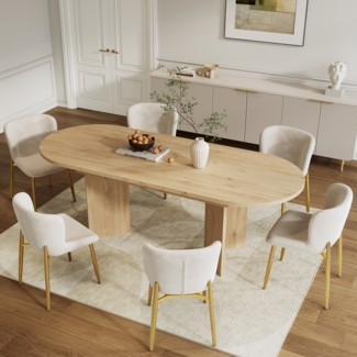 Merax Esstisch-Set (inkl. Esstisch und 6 Stühlen), Ausziehbarer Esstisch 120/160*80 cm, Esstisch mit abgerundeten Ecken und dicker Tischplatte, Samtstühle, Beige + Goldstühle, Eichentisch