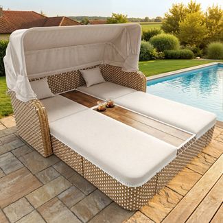 Merax Garten Sonnenliege, Gartenliege, Sonnenschirmstuhl, Garten-Liegestuhl mit Markise, Sonneninsel aus Rattan mit Markise, Wetterfeste Terrassenmöbel, Beige