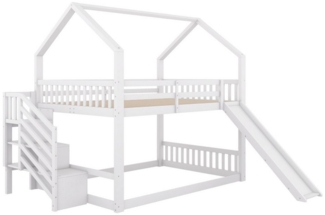 TavilaEcon Etagenbett Kinderbett Jugendbett Hausbett mit Stauraumtreppe und Rutsche, Holzbett mit Geländer, 140x200 cm, weiß