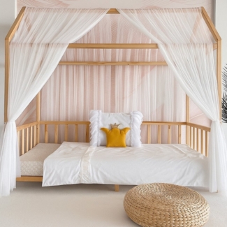 Baby Fancyroom Betthimmel Betthimmel Tüll Hausbett Kinderbett 2 Stück 340cm 380cm Montessori (3-tlg. Set mit 2x Betthimmel und einer 20er Pomponkette, Baldachin, Kinder Betthimmel Baldachin Himmel Deko Set), Betthimmel für Hausbett Montessori