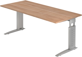 bümö höhenverstellbarer Schreibtisch U-Serie 180x80 Nussbaum, Gestell in Silber - großer PC Tisch für's Büro manuell höhenverstellbar, Computertisch verstellbar, US-19-N-S