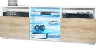 TV-Board Granada, Lowboard mit 2 Türen und 6 offenen Fächern, Korpus Weiß matt, Fronten in Eiche sägerau mit RGB LED-Beleuchtung (146 x 54 x 35 cm)