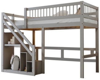 Flieks Hochbett Massivholz Einzelbett Kinderbett 90x200cm mit Stauraumtreppe
