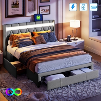 PXloue Polsterbett LED Doppelbett (Geeignet für Jugendliche und Kinder), Stauraumbett,mit LED-Beleuchtung und USB/Type-C Anschlüssen,160x200cm