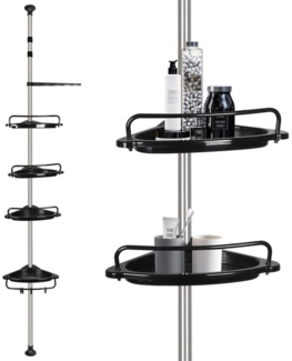 JEOBEST Duschablage Duschregal Edelstahl, Duschregal Teleskop Duschregal mit 4 Duschkorb, Eckregal Bad, Höhenverstellbar 105-310cm