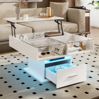 Merax Couchtisch Multifunktionaler Hochglanz-Lift-Couchtisch mit LED-Beleuchtung, verstellbarer Höhe & flexiblem Stauraum, Weiß