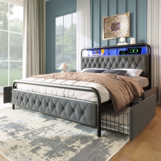 Polsterbett 140x200 cm, Samt mit integriertem Ladegerät (Typ-C+USB) und RGB-LED, 4 Schubladen, Grau