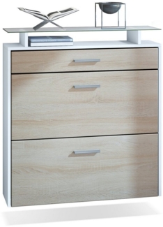 Vladon Schuhschrank Malea, hängender Schuhkipper für 16 Paar Schuhe mit 2 Klappen und 1 Schublade und Glasablage, Weiß matt/Eiche Sägegrau (89 x 96 x 23 cm)