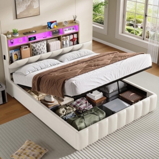 MSMASK Polsterbett mit LED Beleuchtung mit Ladefunktion, 140x190 cm, Beige