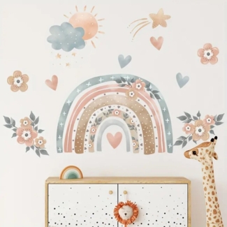 Montegoni Wandsticker Lebendige Regenbogen Herz und Blumen Wandtattoo, Abnehmbare PVC Aufkleber für Wohnzimmer und Sofahintergründe