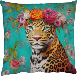 MuchoWow Dekokissen Leopard - Blumen - Krone, Zierkissen mit Füllung für Wohnzimmer, Sofakissen, 40x40 cm