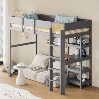 MC Star Hochbett mit Ablage 90x200 cm, Bettgestell aus massivem Kiefernholz (mit Lattenrost,Bett für Kinder und Jugendliche Grau)