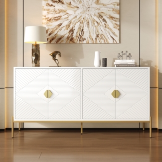 Sideboard Weiß mit geometrischer Front, 4-türig, Metallbeine, goldene Griffe, großer Stauraum,Wohnzimmer- & Esszimmer