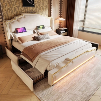 BlingBin Polsterbett Doppelbett Stauraumbett Jugendbett (1-tlg, Vintage-Bettgestell mit LED-Stimmungsbeleuchtung, USB-Ladeanschlüssen), Stilvolle Kombination aus Samt, Metall und Massivholz