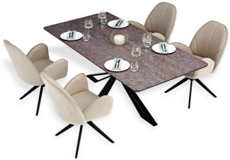Esstisch mit 4 Stühlen Set Essgruppe Polsterstühle Drehbar Bouclé Leder Beige Esszimmertisch 200x100 cm Metall Schwarz