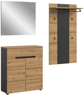 furnling Garderoben-Set Cano, (3-St, Garderobenpaneel, Schuhkommode, Spiegel), Flurmöbel, Kleiderstange, 4 Haken, Breite 175 cm, Basalt grau/Artisan