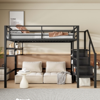 Hochbett mit Stauraumleiter, Regalen & Spielbereich, 140x200 cm, Schwarz