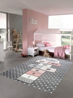 Carpetia Kinderteppich Teppich Kinderzimmer Hüpfspiel Muster rosa grau, rechteckig, Höhe: 13 mm