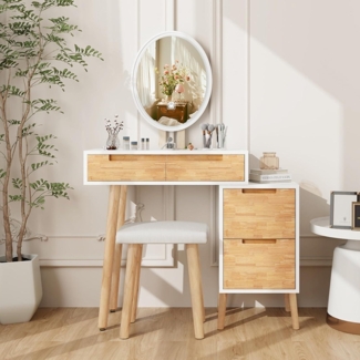 Schminktisch mit LED-Beleuchtung, 4 Schubladen, Gepolsterter Hocker - Ovaler