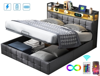 FUROKOY Polsterbett Doppelbett Stauraumbett Hydraulisch anhebbarer mit LED Beleuchtung, 140x200 cm,Stauraum,Gepolstert,Weich und bequem,Leinenmaterial,Grau