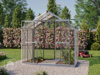 GFP Gewächshaus Jade 2 Glasgewächshaus 222x131 cm | Aluminium-Rahmen, 4 mm Sicherheitsglas | mit Fundamentrahmen und autom. Fensteröffner