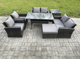 Fimous Rattan Gartenmöbel-Set 7 Sitzer Terrassen mit Länglicher Esstisch Doppelsitzsofa Beistelltisch Großer Fußhocker Dunkelgrau gemischt