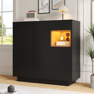 Schuhschrank 105x39,5x100,5cm mit LED, verstellbare Regale, offene Holzfächer, Schublade, Kippschutz,Schwarz