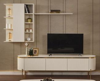 Casa Padrino Luxus TV Schrank Set Weiß / Gold - Wohnzimmer Sideboard mit Hängeschrank - Wohnzimmer Möbel - Hotel Möbel - Luxus Möbel