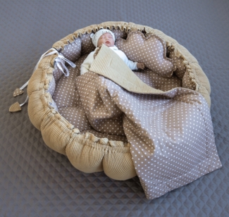 Loolay Bettnestchen Zweiseitig ENGELSNEST XXL Premium WAFFELPIQUE + Decke + Kissen, (XXL Babykokon als Nestchen Ø90cm und als Krabbeldecke Ø155cm + KISSEN + DECKE, 3-tlg, BRAUN Punkte TAUPE Waffel BABYNEST Spielmatte Reisebett Spielunterlage), PREMIUM ...