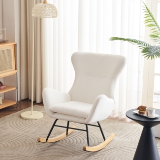 Merax Relaxsessel, Wohnzimmer-Freizeitschaukelstuhl im modernen Stil mit hoher Rückenlehne, Teddy-Samt-Schaukelstuhl, Freizeitstuhl, Einzelsofastuhl, Mutterstuhl, weiß