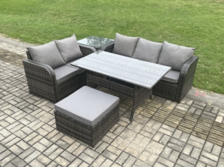 Fimous Terrassenmöbel Set Polyrattan Langer rechteckiger Esstisch und Lounge Sofa set mit Beistelltisch Großer Fußhocker Dunkelgrau gemischt