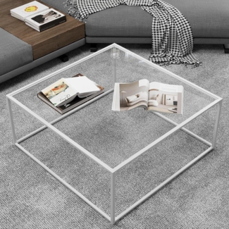 Quadratischer Glas-Couchtisch mit stabilem Metallrahmen, weiß, 66,4 x 66,4 x